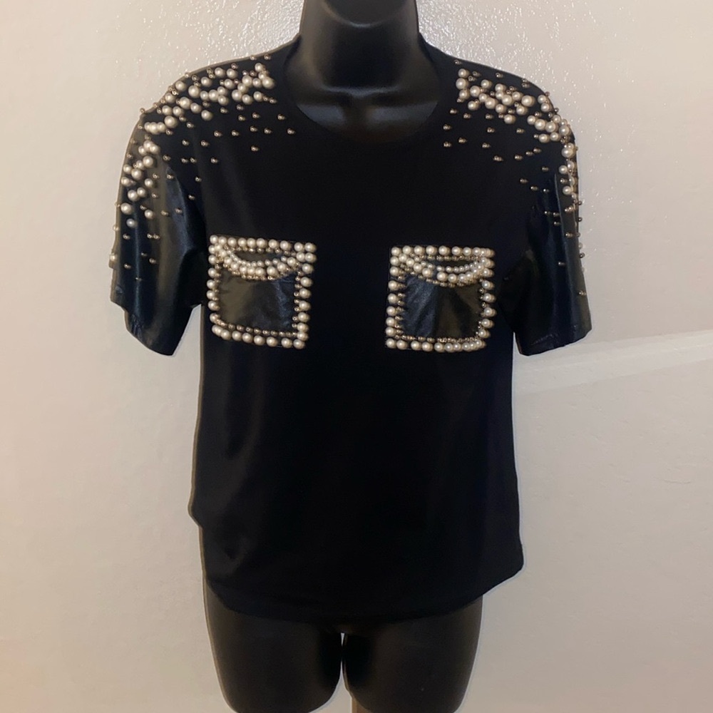 Beautiful Black “Leather & Pearls” blouse
